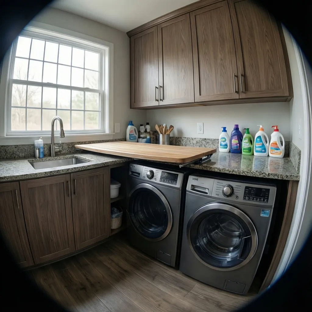 Laundry room folding countertop above washer dryer with cabinets