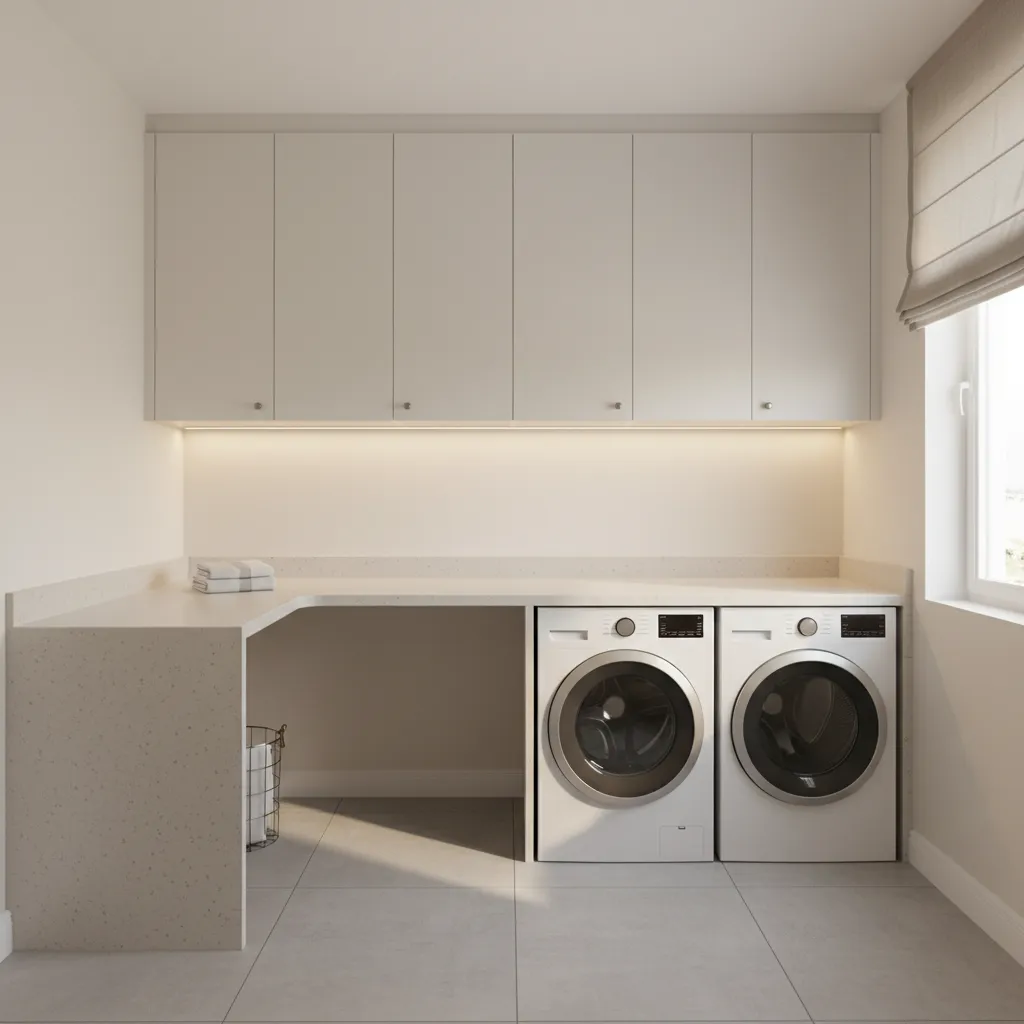 Modern laundry room with washing machine and dryer under a long countertop and white cabinets