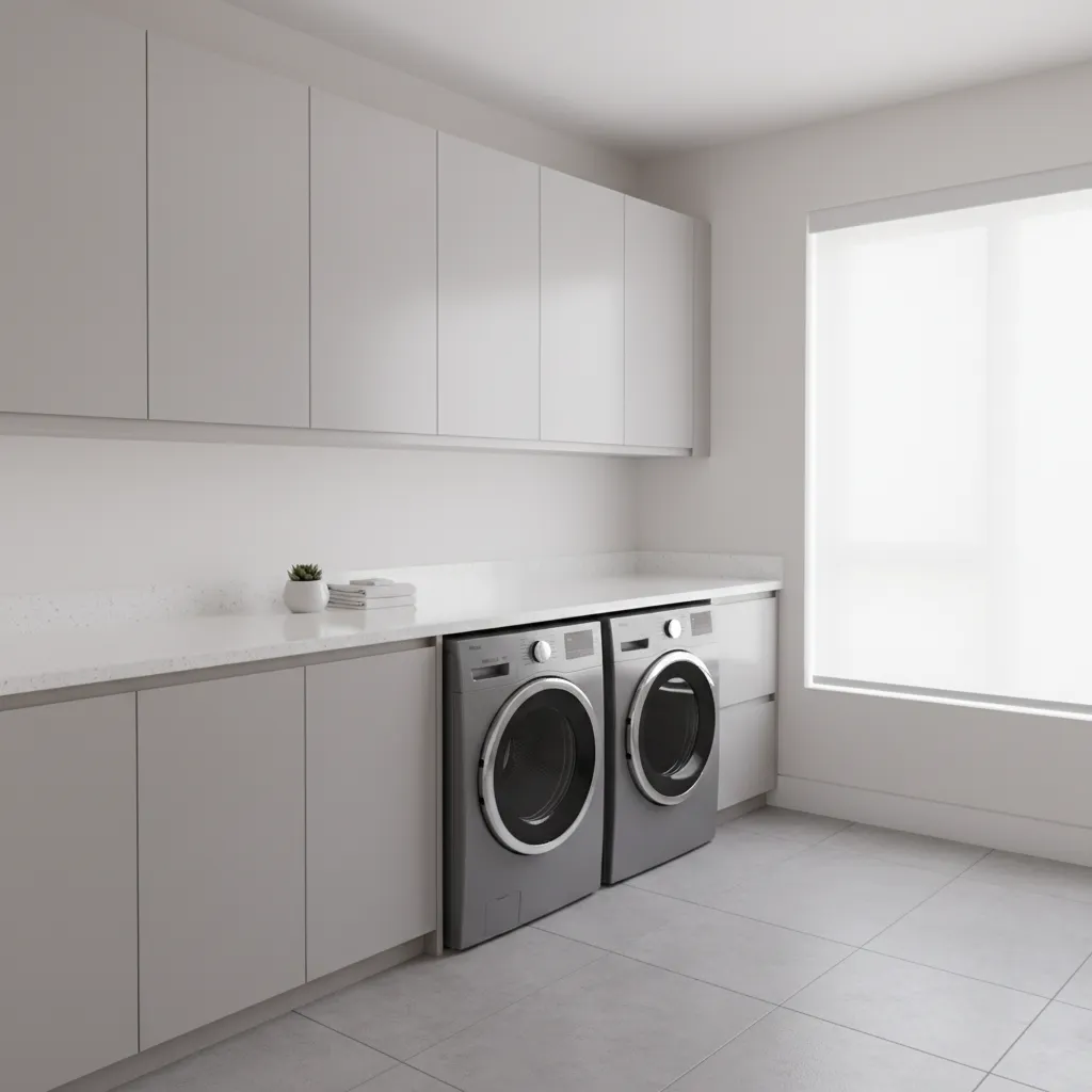 laundry room folding countertop above grey washer and dryer