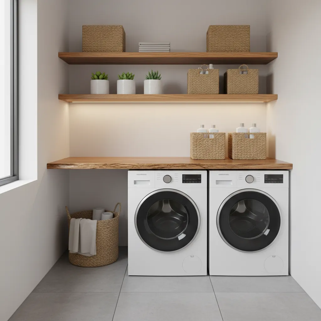 Small laundry room folding countertop above side by side washer dryer