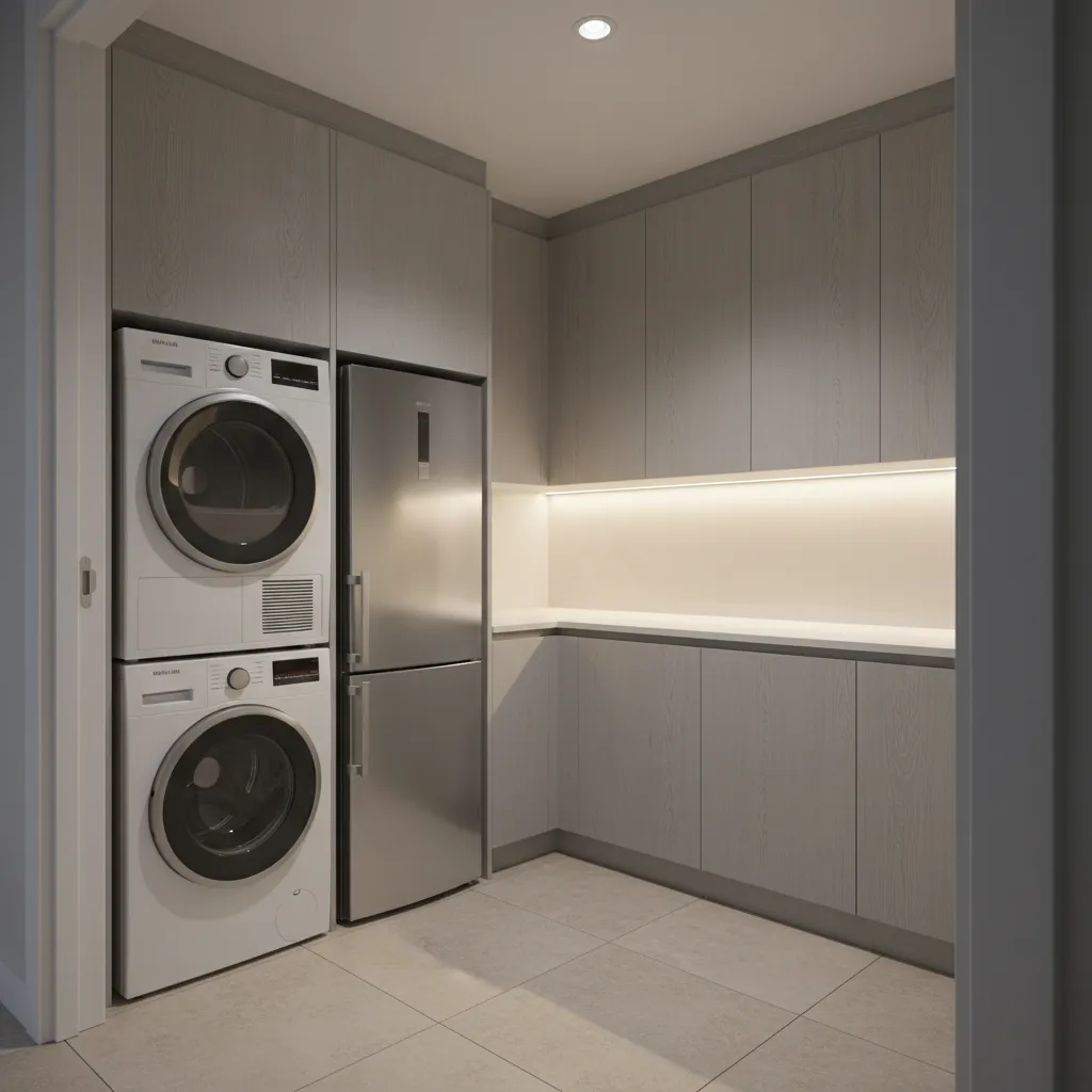 laundry room layout showing refrigerator next to washer and dryer