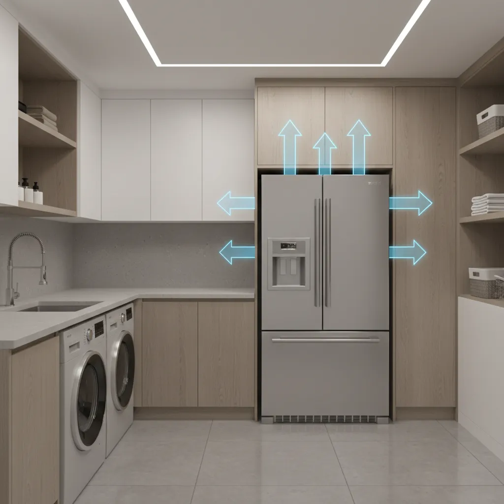 Diagram style visualization of refrigerator ventilation clearance in laundry room