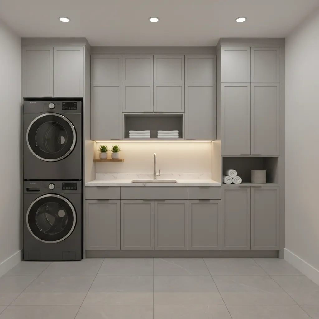 Laundry room layout with stacked grey washer dryer and storage cabinets