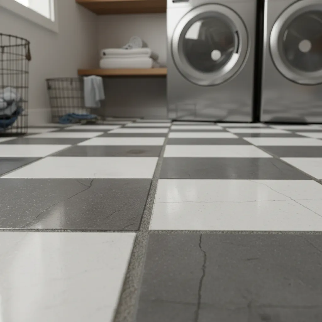Close view of tile grout lines showing moisture discoloration on laundry room floor