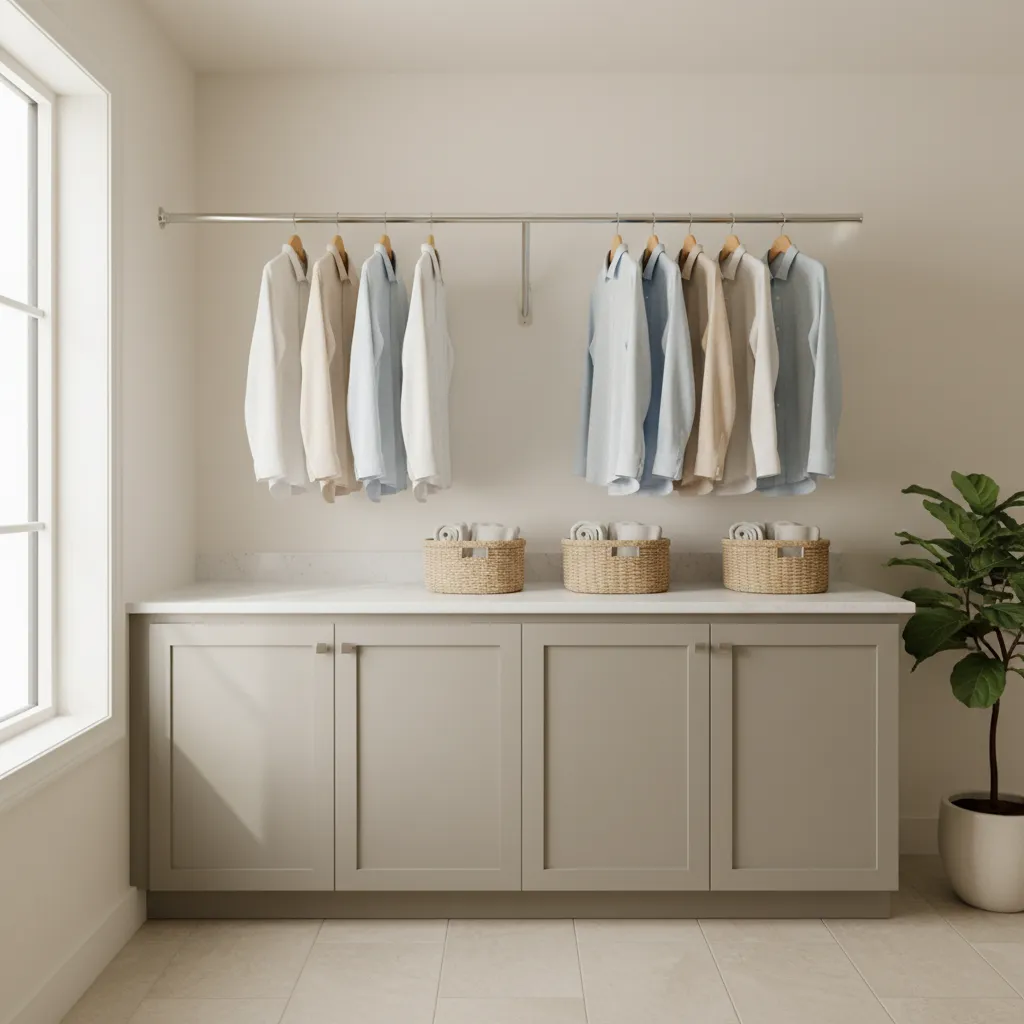 Laundry room drying area with metal hanging rod above folding counter
