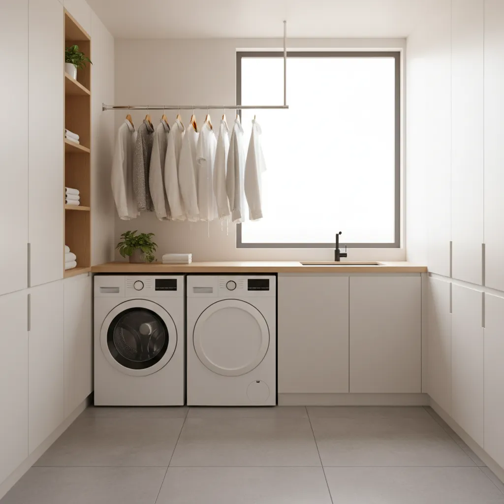 Laundry room hanging rod above washer with wet clothes drying