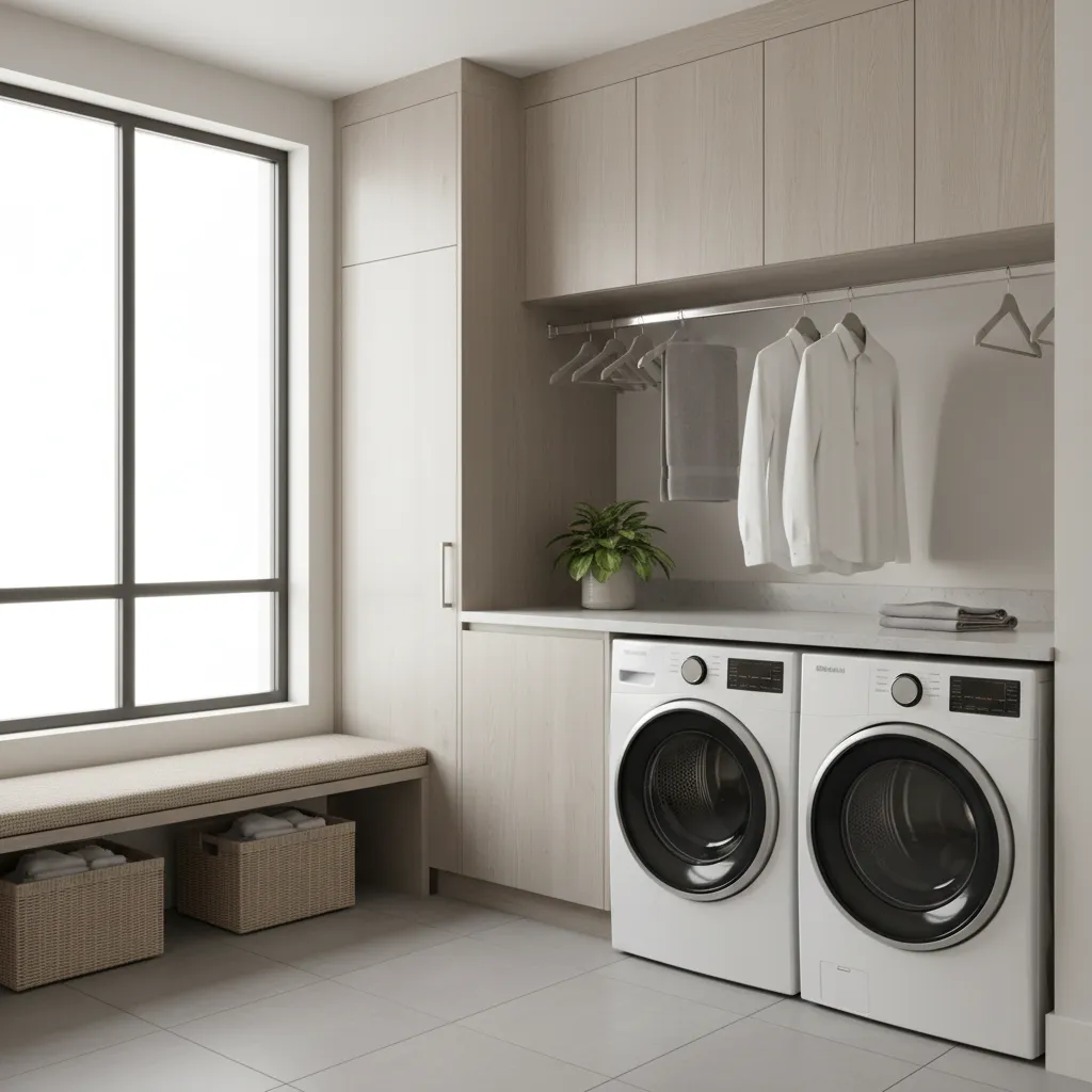modern laundry room with drying rod and hanging clothes