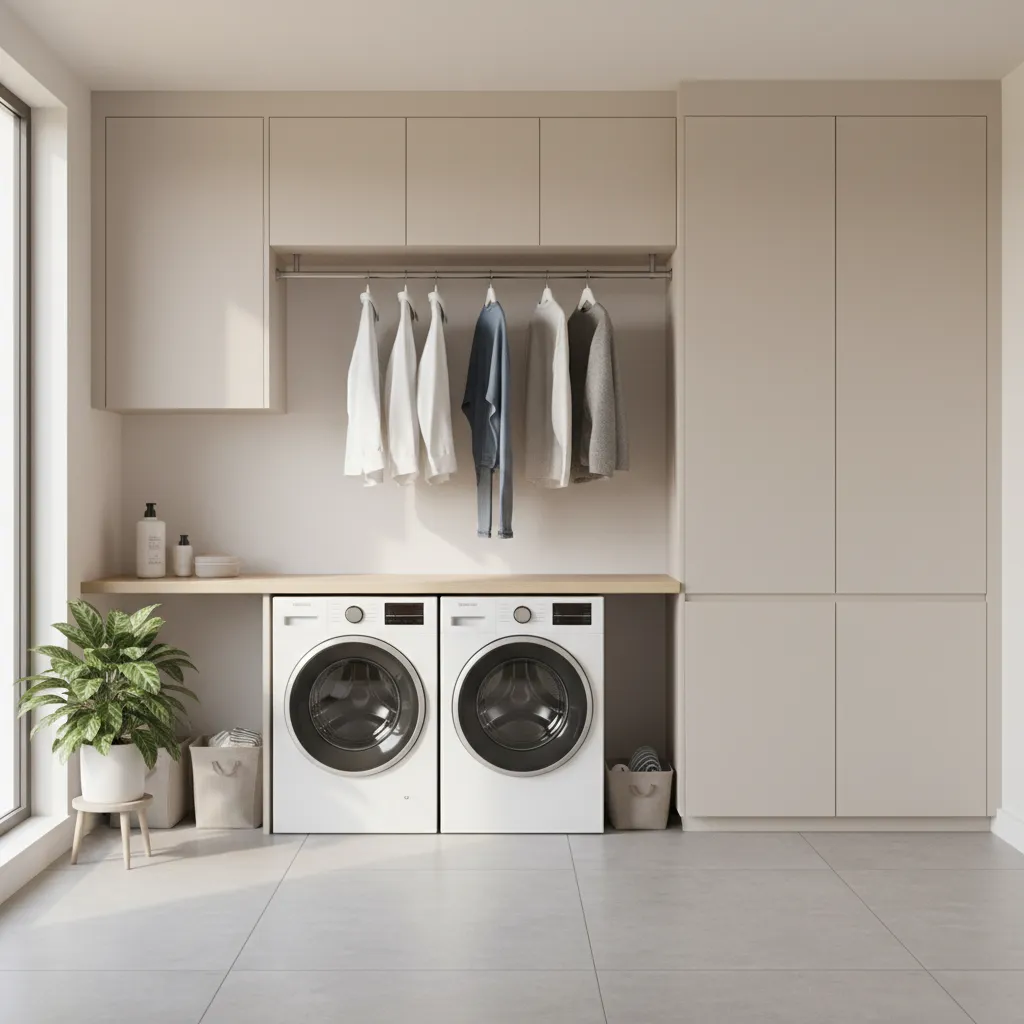 Laundry room wall mounted hanging rod with clothes drying above washer and dryer