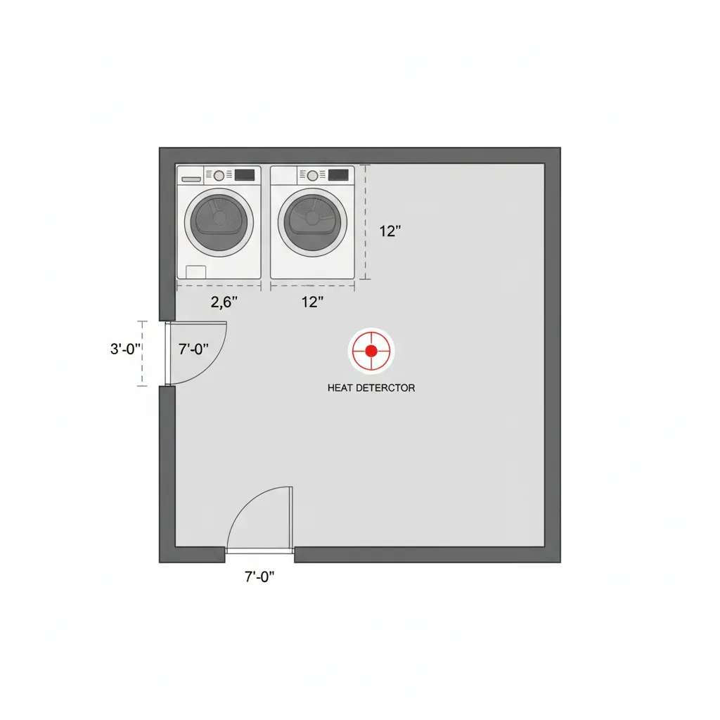 Top down layout showing ideal heat detector location in a typical residential laundry room