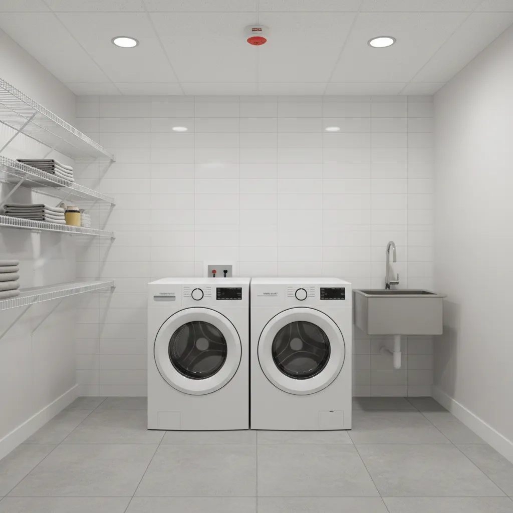 ceiling heat detector installed above washer and dryer in laundry room