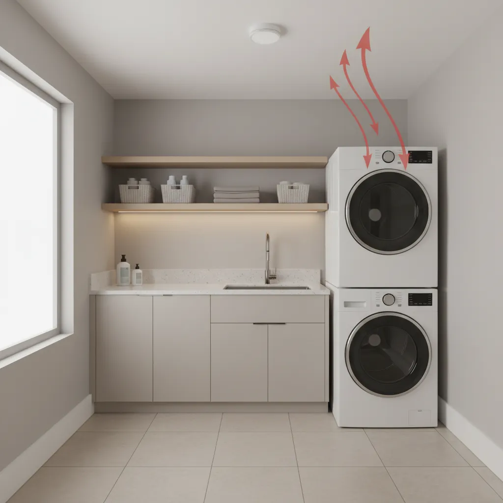 Diagram style visualization showing heat rising from dryer toward ceiling heat detector