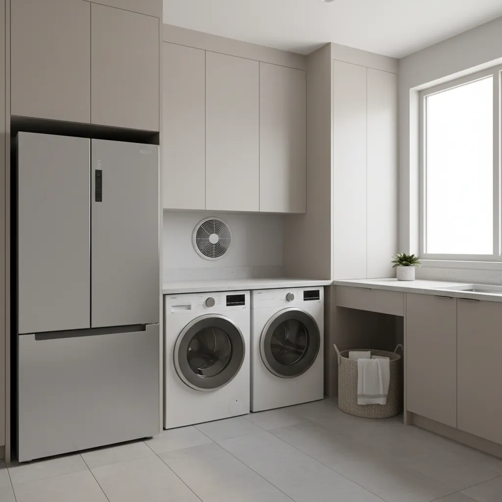laundry room with ventilation fan and refrigerator separated from washer
