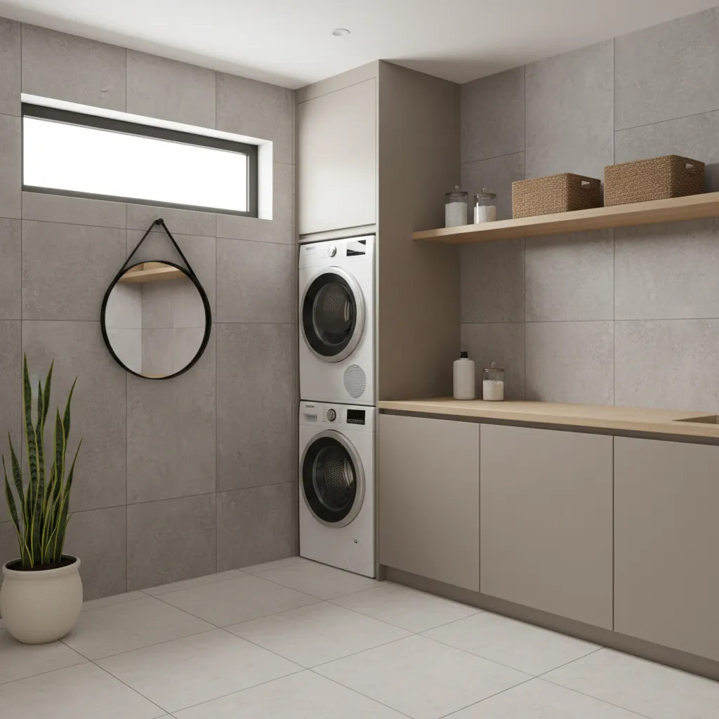 Laundry room with ventilation window and organized washer dryer area