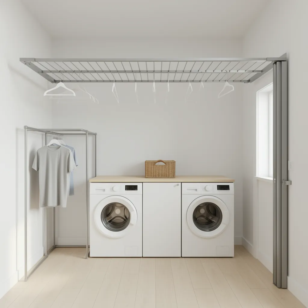Indoor laundry room displaying different clothesline types including retractable and wall mounted systems