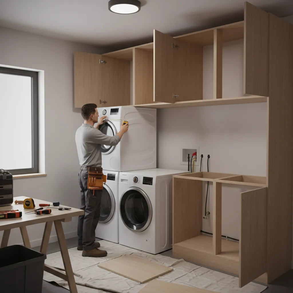Contractor adjusting laundry room cabinets during installation beside washer dryer