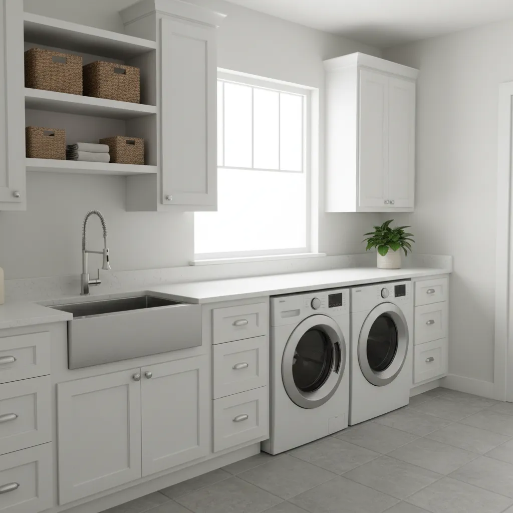 laundry room with stainless steel sink integrated into long folding counter