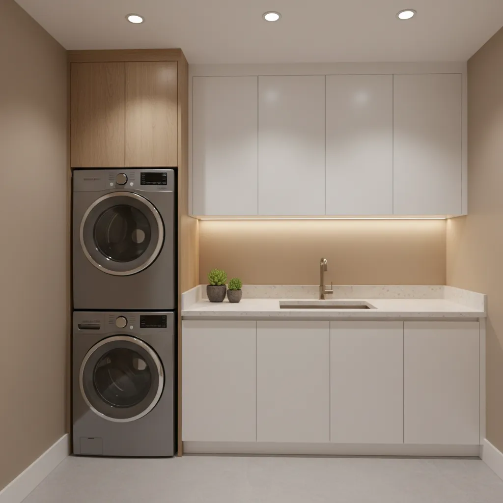 Laundry room with ceiling lights and under cabinet task lighting
