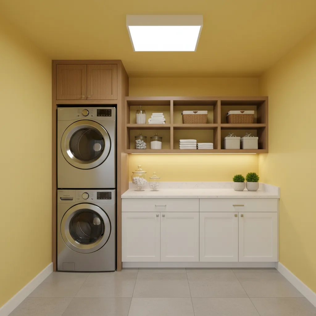 Laundry room with layered lighting including ceiling and cabinet lights illuminating yellow walls