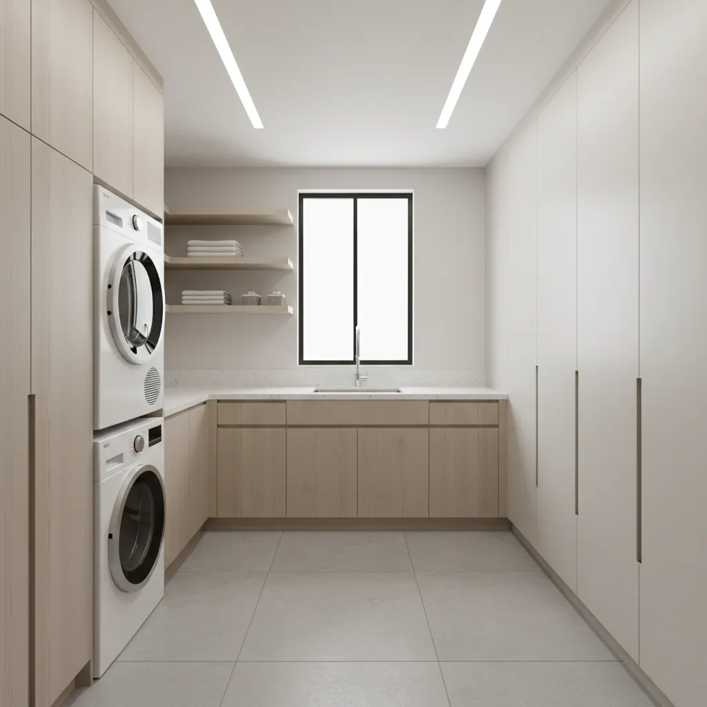 organized laundry room layout separating appliances and linen storage