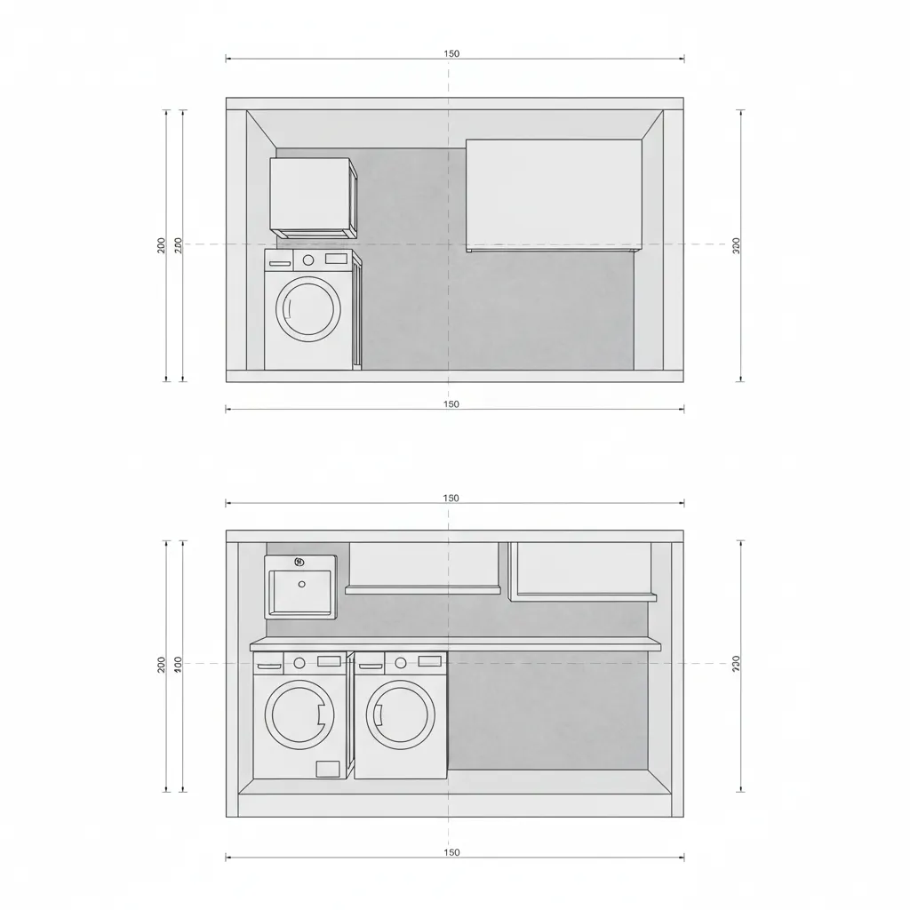 Floor plan diagram comparing stacked and side by side laundry layouts
