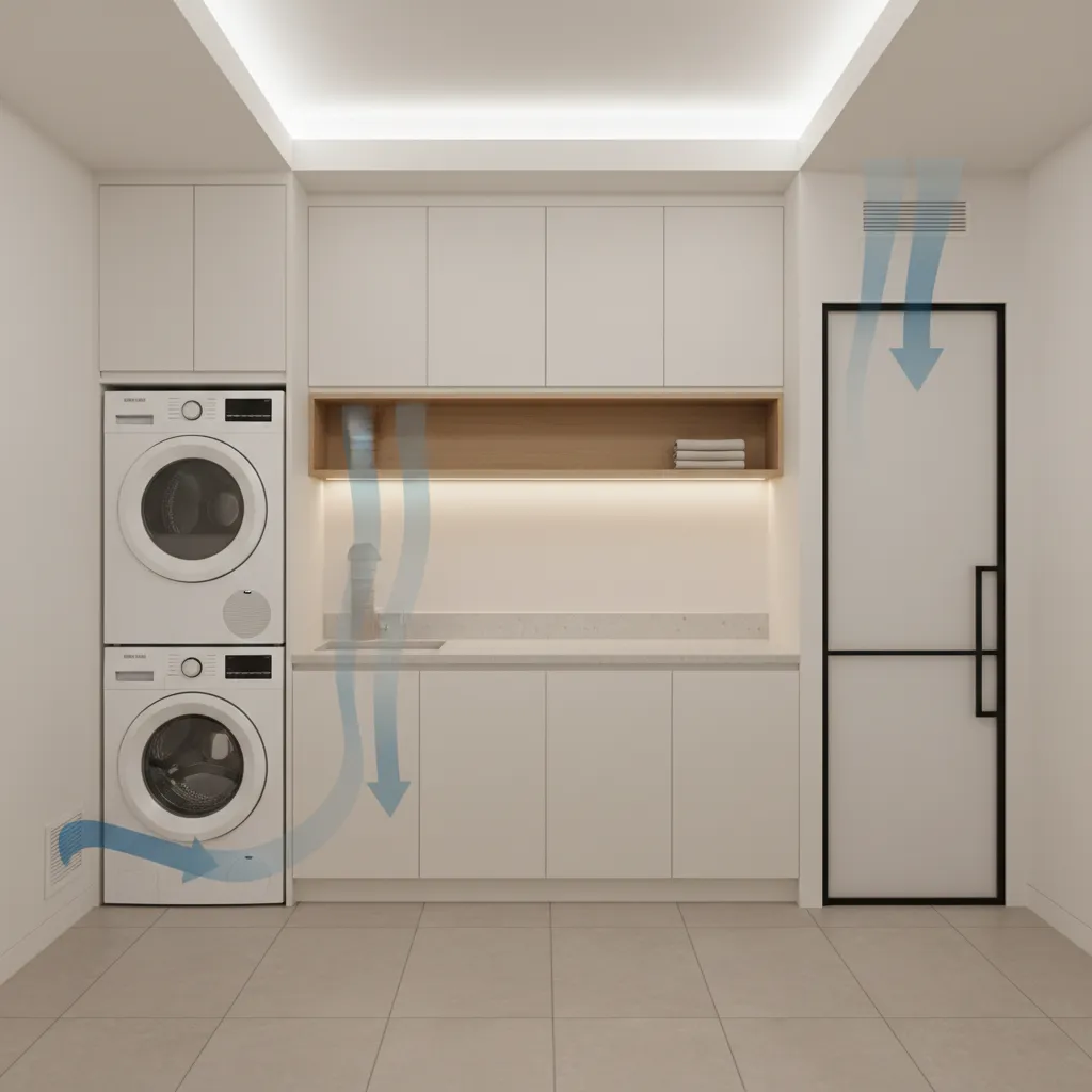modern laundry room layout showing airflow path and door ventilation