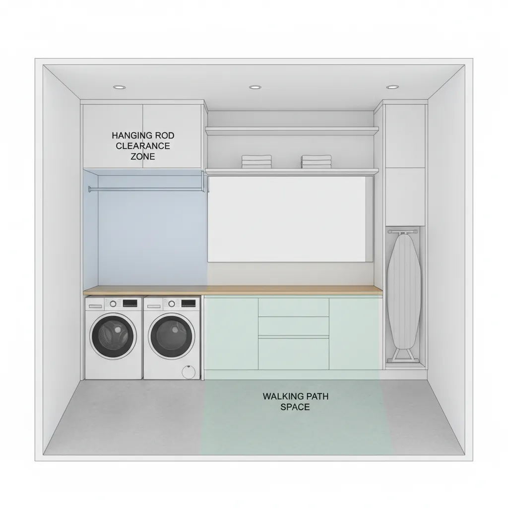 laundry room layout showing clearance space around drying rod