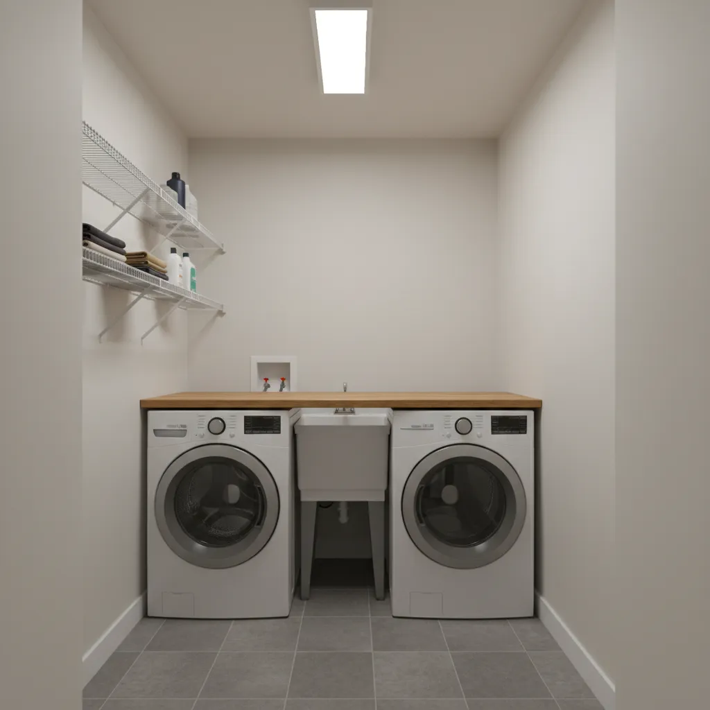 Small laundry room with inefficient layout and cramped appliances