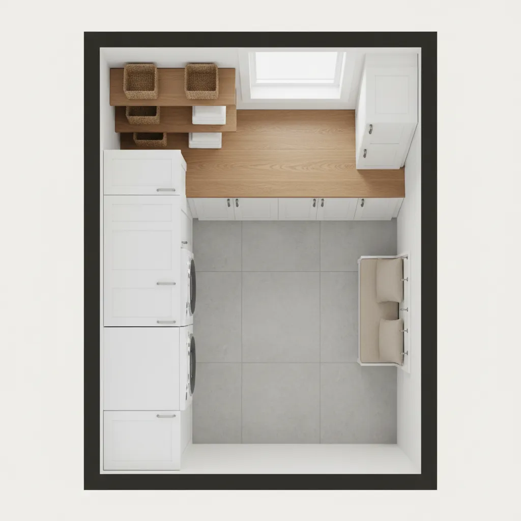 top view laundry room layout showing washer dryer cabinets and walking space