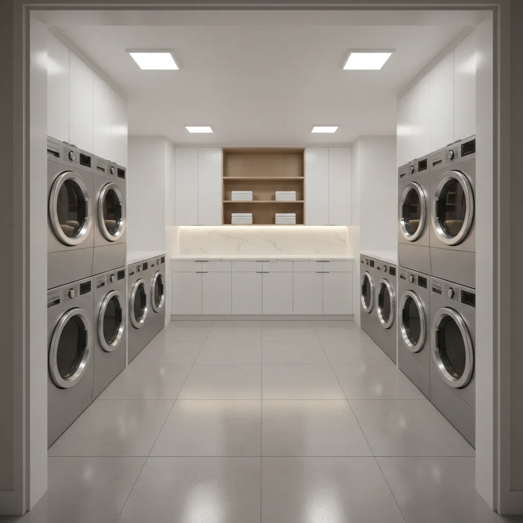 Laundry room layout with open machine arrangement and clear sightlines