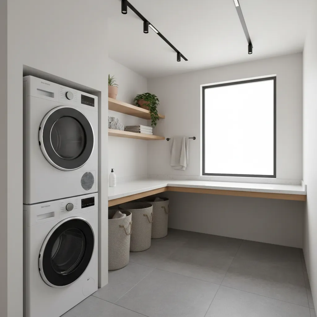 Organized laundry room layout with folding counter and washer dryer workflow zones