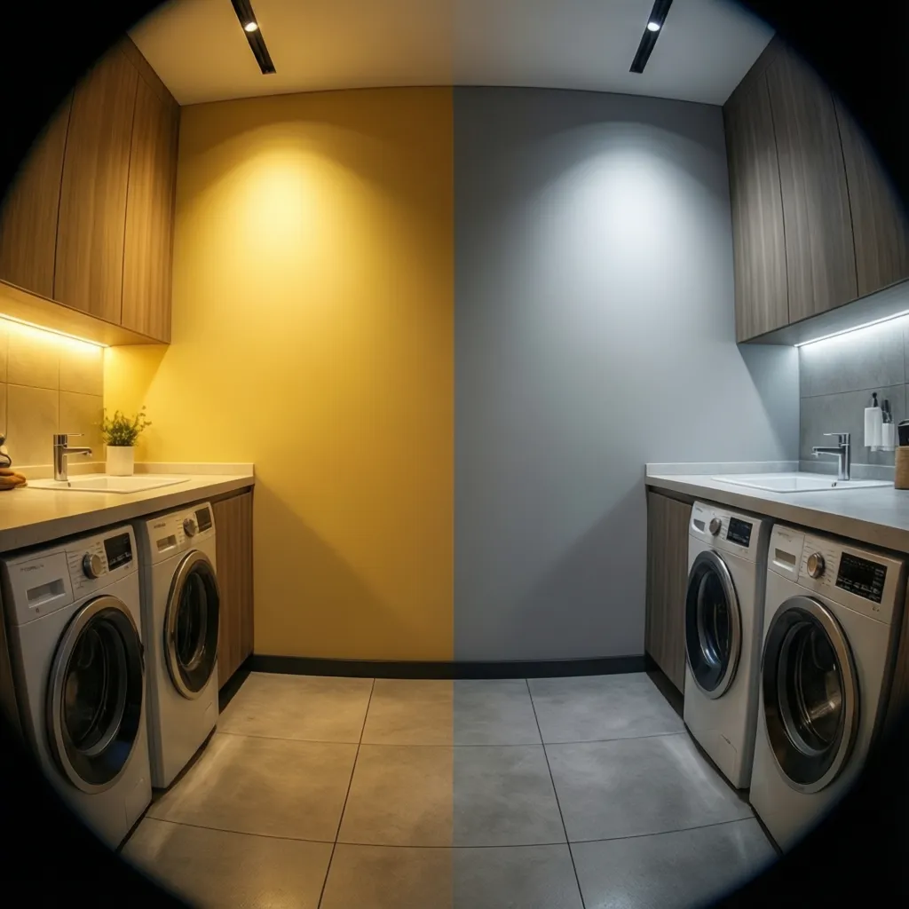 Comparison of warm vs neutral lighting effect on laundry room wall paint