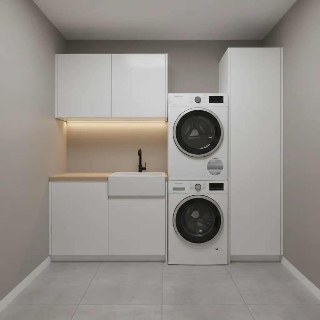 Small laundry room with under cabinet lighting and soft neutral paint