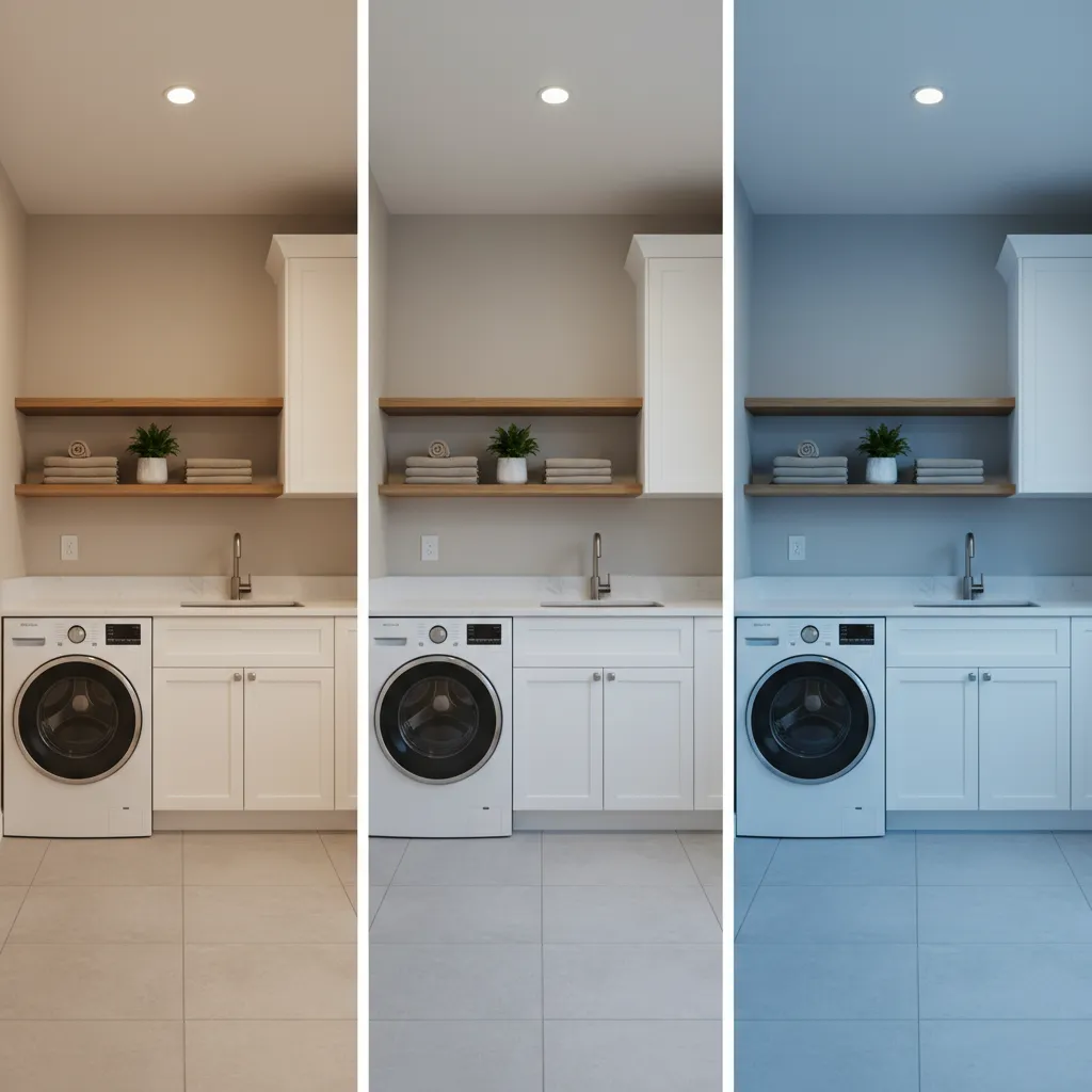 laundry room lighting comparison showing warm neutral and cool lighting on wall colors