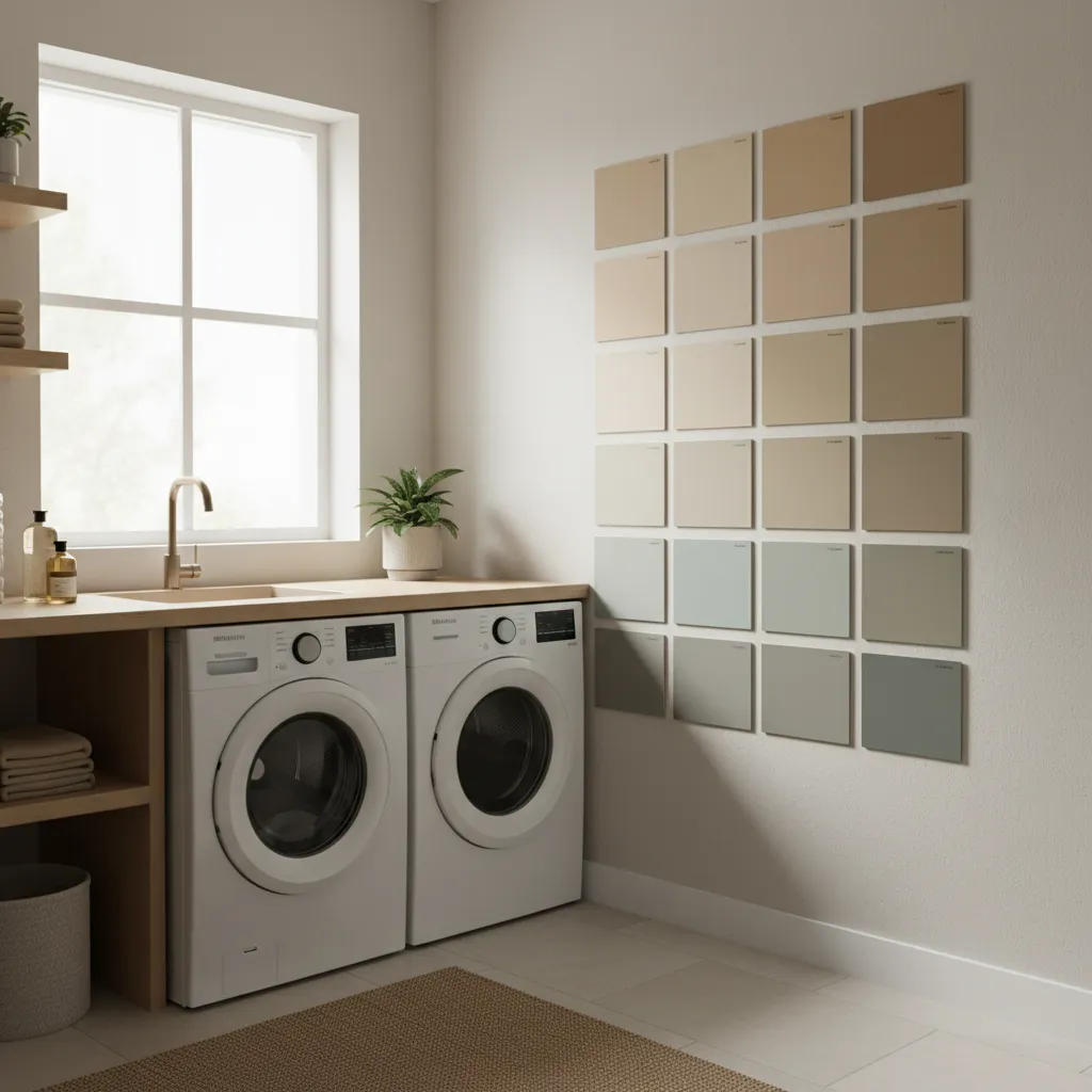laundry room wall with multiple paint swatches tested under natural light