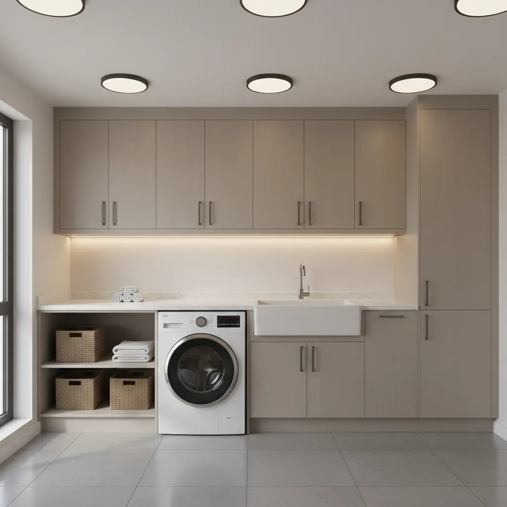 Bright laundry room with round ceiling lights light wood cabinets white washing machine and sink