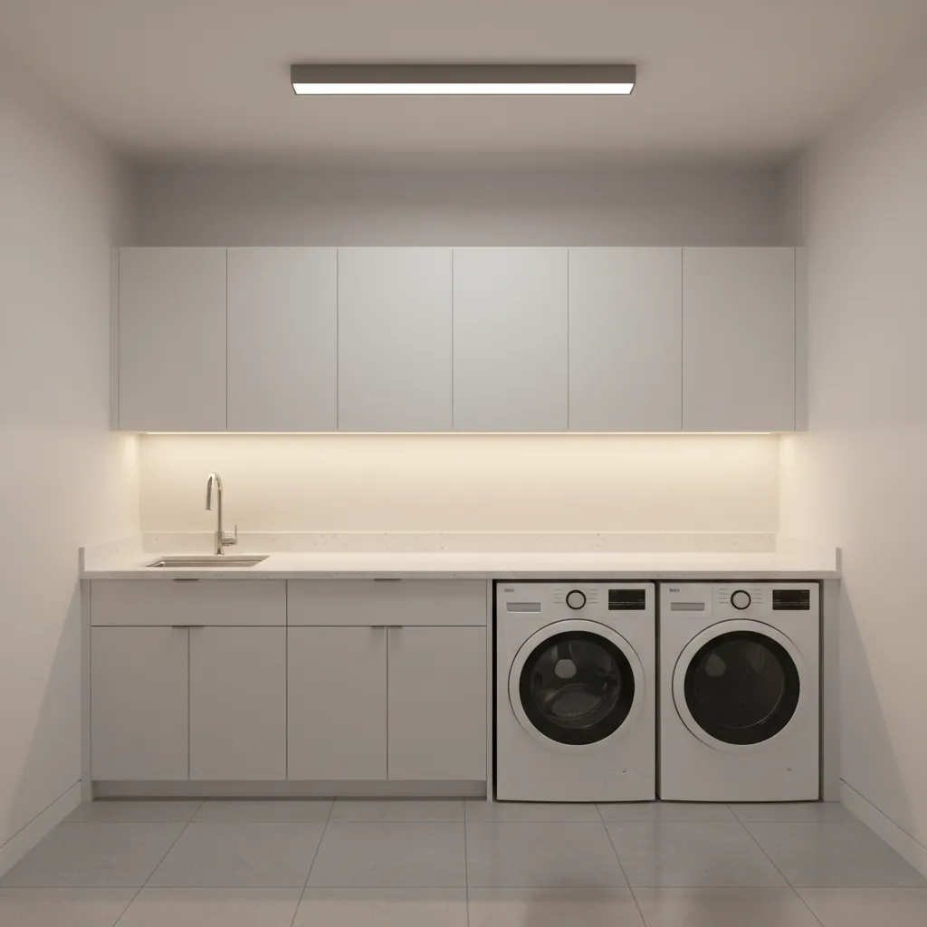Laundry room showing layered lighting with ceiling light and under cabinet LED strips