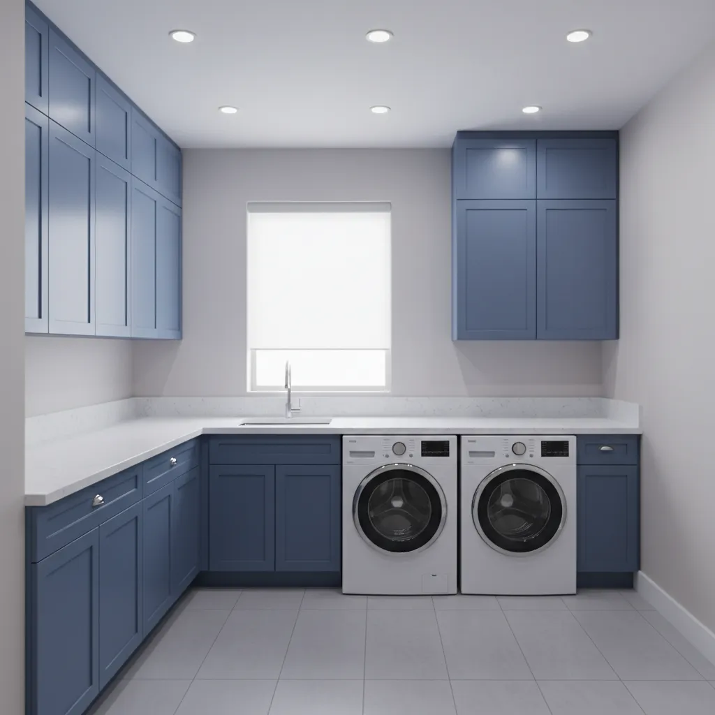 Laundry room lighting layout with evenly illuminated blue cabinets
