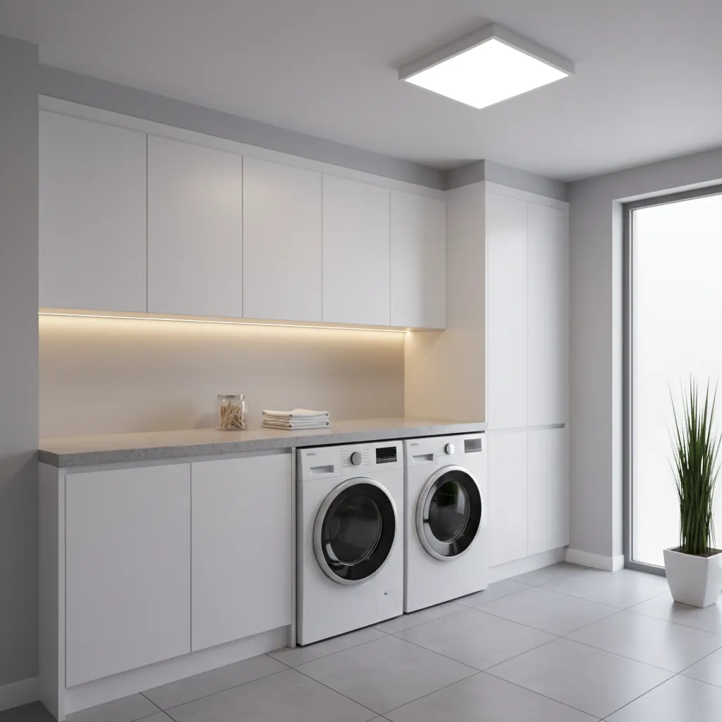 Laundry room with bright layered lighting and folding counter