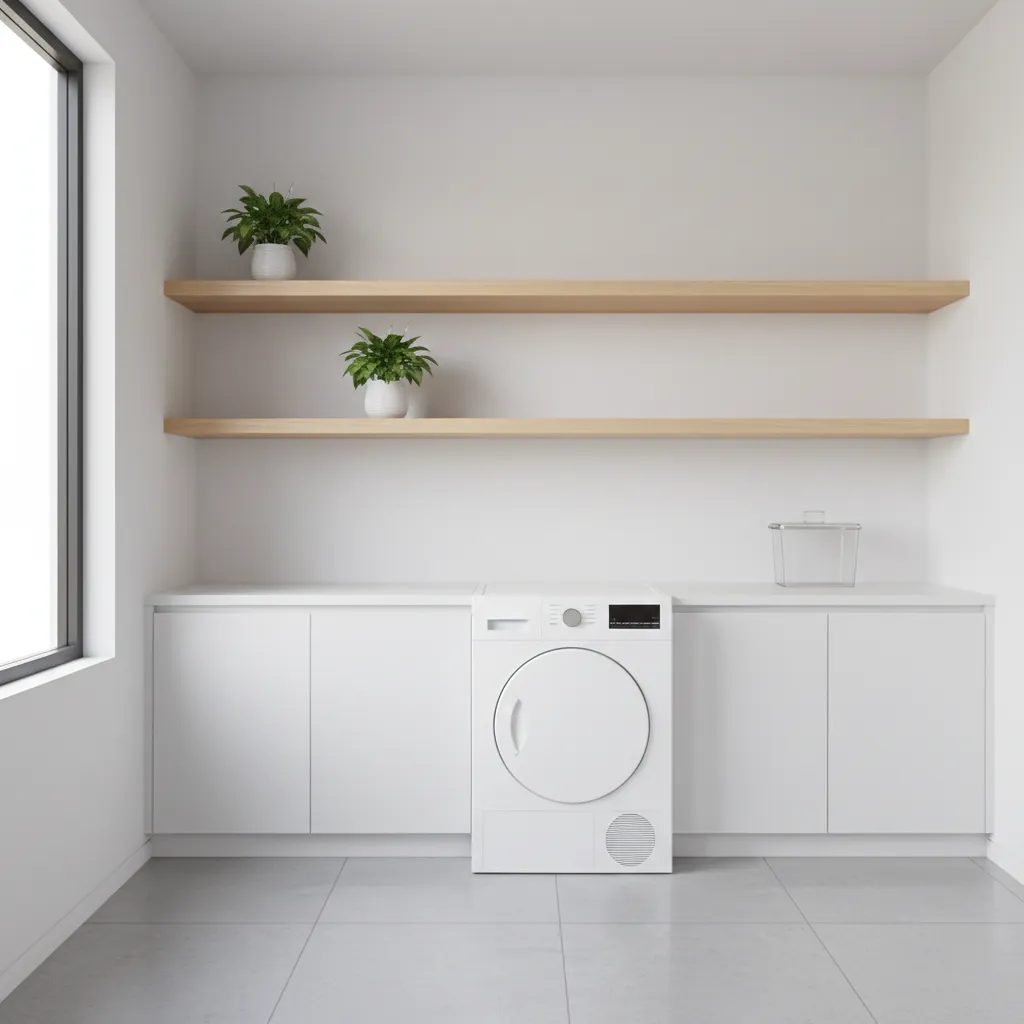 small lint bin placed beside a home dryer in an organized laundry room