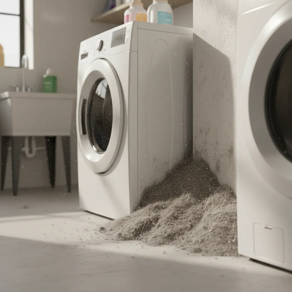 Lint and dust buildup behind a household dryer creating a potential carpet beetle habitat