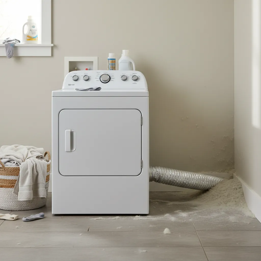 Laundry room floor and vent area showing lint buildup warning signs