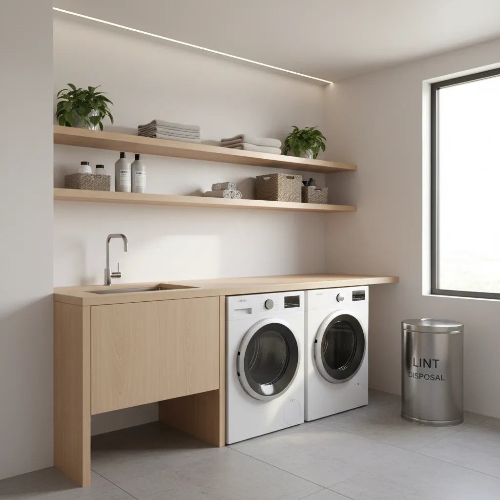 Dedicated lint disposal bin placed next to dryers in a laundry room