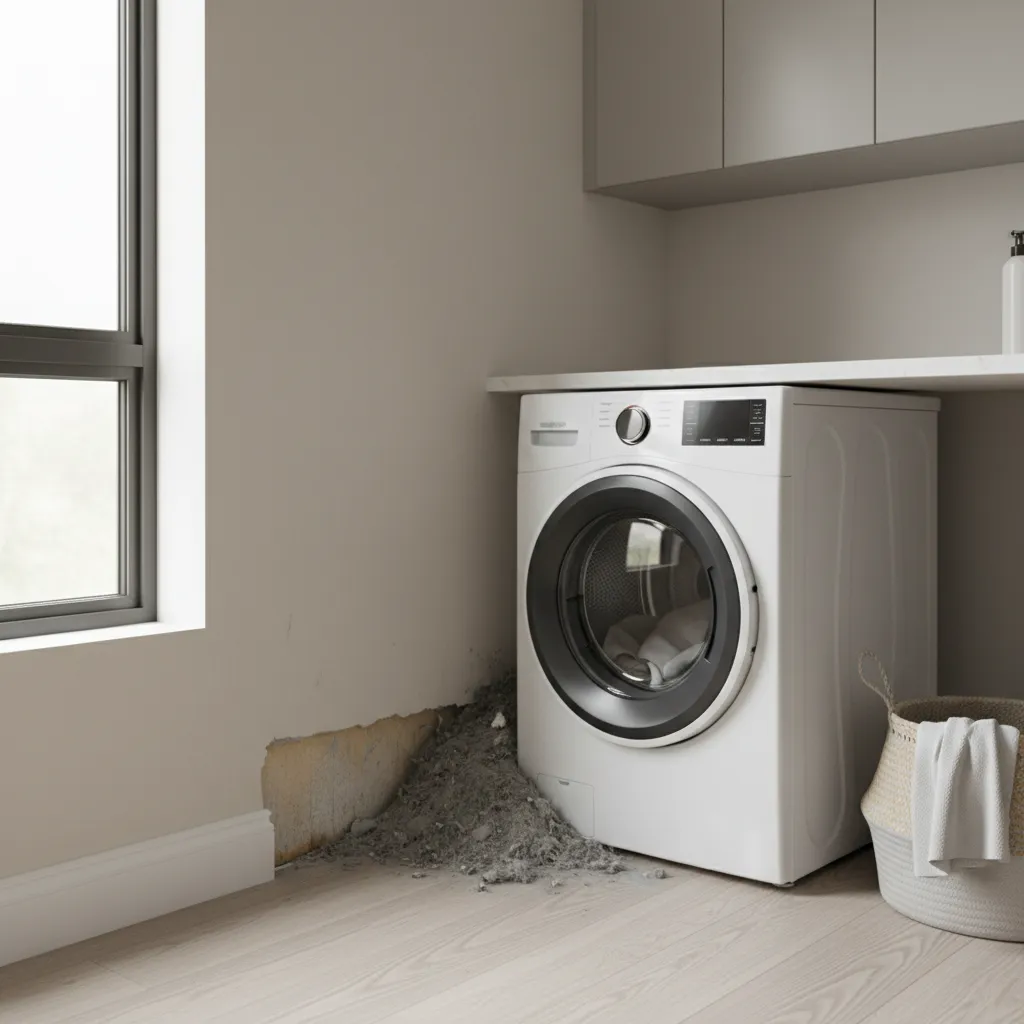 Laundry room with lint buildup behind washer illustrating hidden carpet beetle habitat