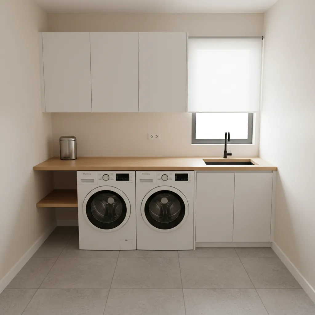 Laundry room layout showing safe lint container placement away from dryer