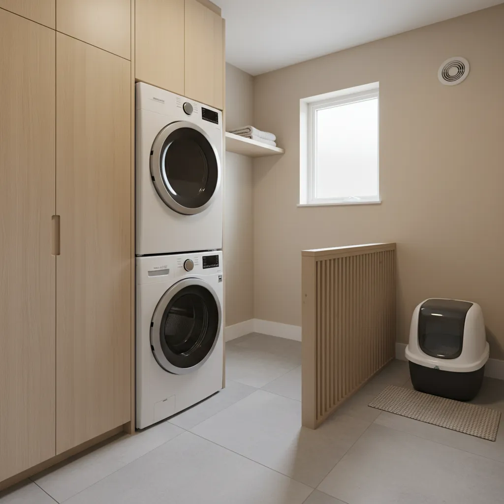 Modern laundry room with stacked washer dryer wood cabinets wall panel window and litter box