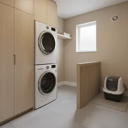 Modern laundry room with stacked washer dryer wood cabinets wall panel window and litter box