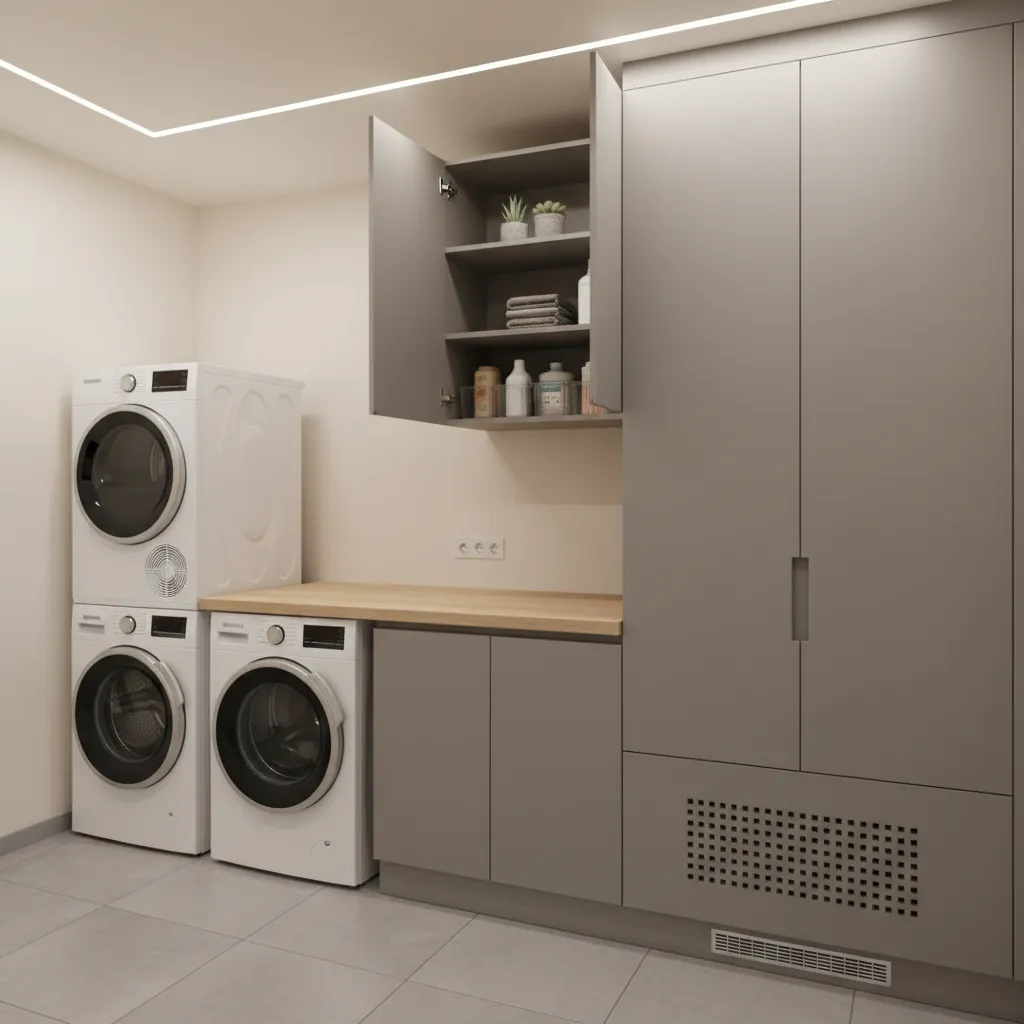 Modern laundry room with white washing machines, dryer, grey wall cabinets, and light wooden countertop
