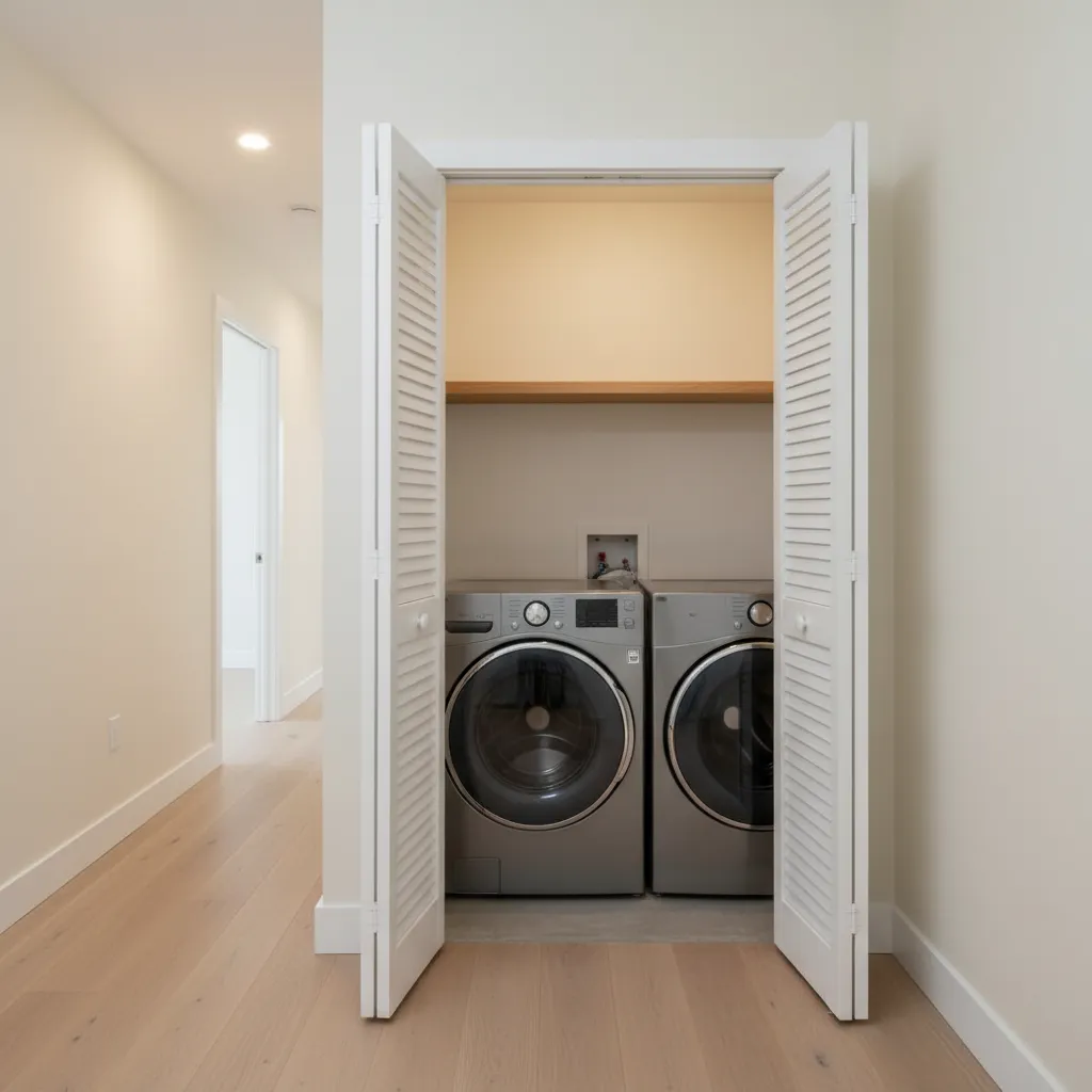 modern laundry closet with white louvered door partially open