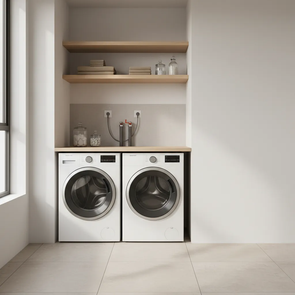 laundry appliances slightly pulled forward showing service clearance behind washer and dryer