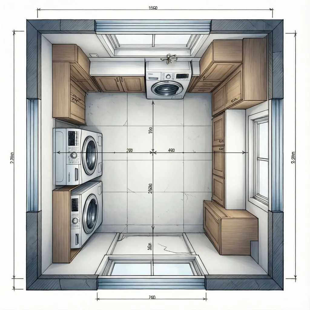 Laundry room floor plan measurement layout showing cabinet spacing